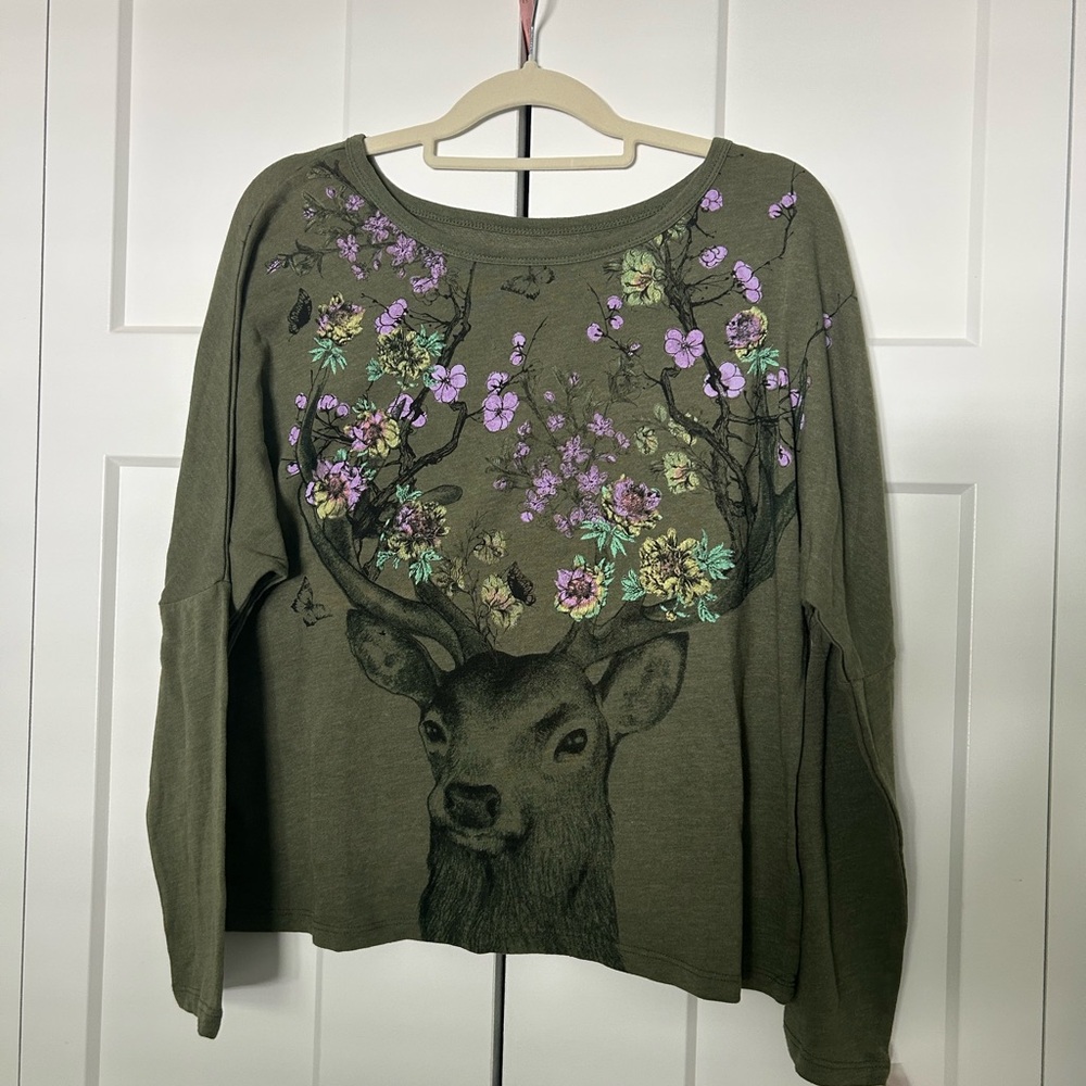 Vintage Olive Green Deer Floral Sweatshirt